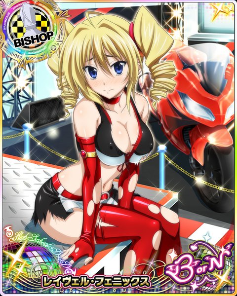 Anime picture 640x800 with highschool dxd ravel phenex single long hair tall image looking at viewer breasts open mouth blue eyes light erotic blonde hair smile sitting twintails torn clothes drill hair card (medium) girl thighhighs skirt