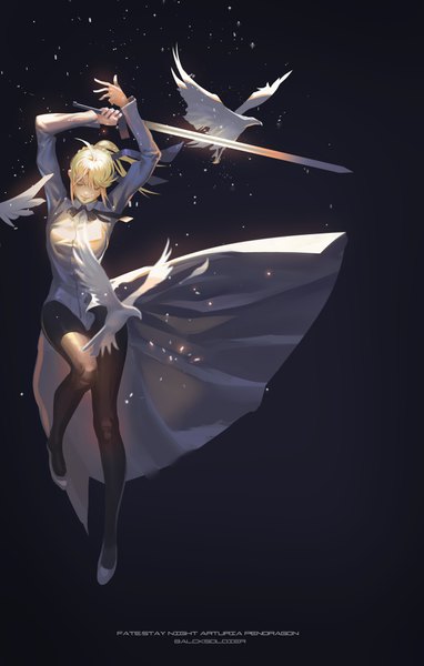 Anime picture 2480x3897 with fate (series) fate/stay night artoria pendragon (all) saber black soldier single tall image highres breasts simple background blonde hair standing holding signed full body ahoge bent knee (knees) eyes closed long sleeves arms up