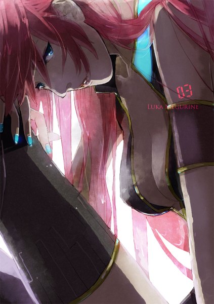 Anime picture 874x1240 with vocaloid megurine luka hitaki azami long hair tall image looking at viewer fringe breasts pink hair nail polish aqua eyes fingernails lips girl thighhighs