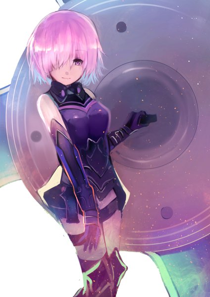 Anime picture 1736x2456 with fate (series) fate/grand order mash kyrielight tarbo (exxxpiation) single tall image looking at viewer fringe highres short hair simple background white background purple eyes bare shoulders holding pink hair pink eyes light smile hair over one eye girl
