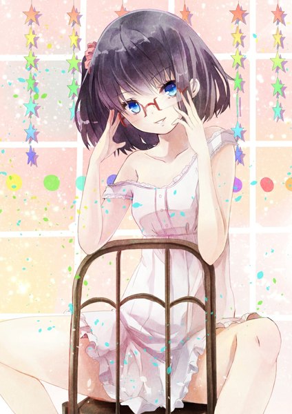 Anime picture 800x1132 with original reio reio single tall image looking at viewer blush short hair breasts open mouth blue eyes black hair smile sitting bare shoulders teeth spread legs flat chest adjusting glasses girl dress
