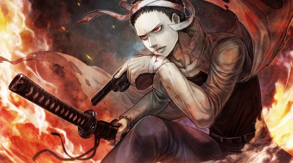 Anime picture 1505x840 with one-punch man madhouse zombie-man ujuju single short hair open mouth black hair red eyes wide image boy weapon sword katana gun blood cloak bandage (bandages) fire revolver