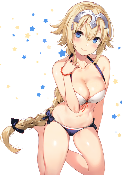 Anime picture 2086x2992 with fate (series) fate/apocrypha jeanne d'arc (fate) (all) jeanne d'arc (fate) yuran (cozyquilt) single tall image looking at viewer blush fringe highres breasts blue eyes light erotic blonde hair simple background hair between eyes large breasts white background sitting