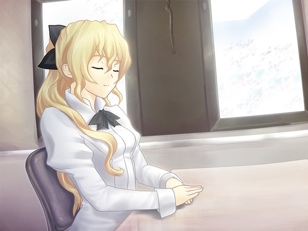 Anime picture 1280x958 with katawa shoujo satou lilly long hair blonde hair smile eyes closed girl bow hair bow shirt window chair table