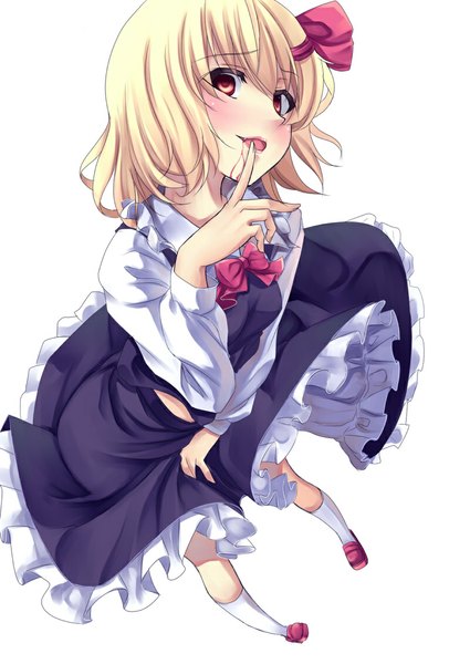 Anime picture 800x1129 with touhou rumia kinntarou tall image looking at viewer blush fringe short hair open mouth simple background blonde hair white background holding brown eyes light smile from above looking up skirt gloves bow