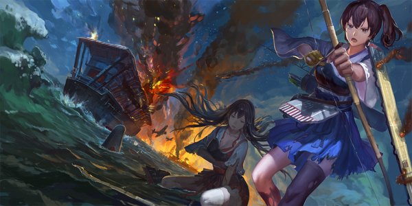 Anime picture 2000x1000 with kantai collection kaga aircraft carrier akagi aircraft carrier november (jeanex) long hair looking at viewer highres short hair open mouth brown hair wide image sitting multiple girls brown eyes ponytail traditional clothes japanese clothes tears torn clothes side ponytail