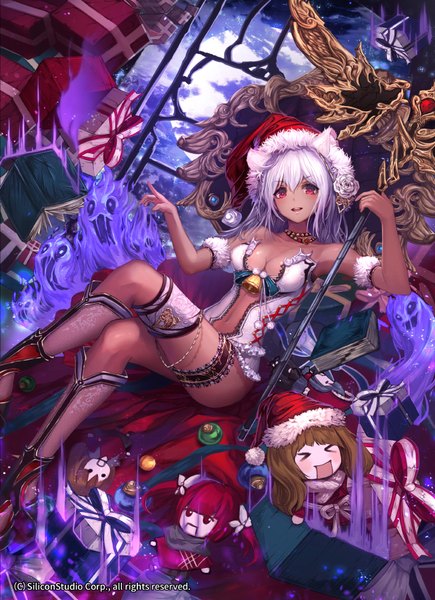 Anime picture 653x900 with age of ishtaria jname single long hair tall image looking at viewer blush breasts open mouth light erotic red eyes sitting animal ears white hair crossed legs christmas solid eyes girl weapon hat