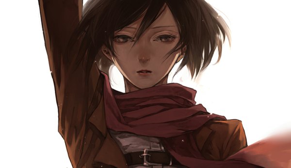Anime picture 1640x950 with shingeki no kyojin production i.g mikasa ackerman mitsukyon single looking at viewer fringe short hair simple background brown hair wide image white background brown eyes wind lips girl belt scarf red scarf