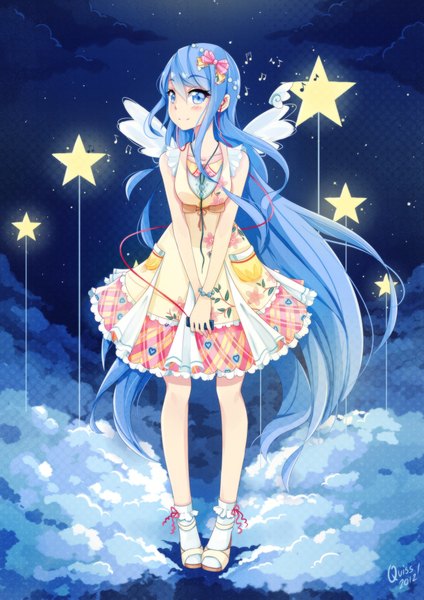 Anime picture 1500x2121 with original quiss single tall image blush blue eyes smile blue hair cloud (clouds) very long hair night sky girl dress bow hair bow socks headphones star (symbol) white socks sandals