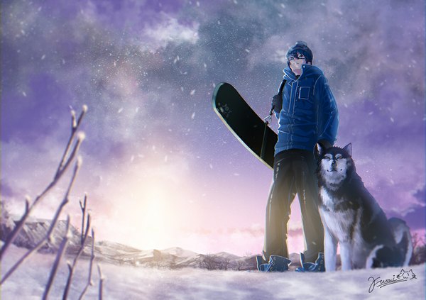 Anime picture 1000x705 with original fusui short hair blue eyes standing sitting blue hair sky sunlight from below snowing winter snow mountain open collar sunbeam boy animal glasses jacket