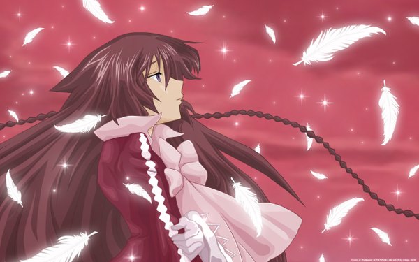Anime picture 2560x1600 with pandora hearts xebec alice (pandora hearts) cilou (artist) single long hair fringe highres brown hair wide image purple eyes holding looking away upper body braid (braids) parted lips profile side braid vector popped collar