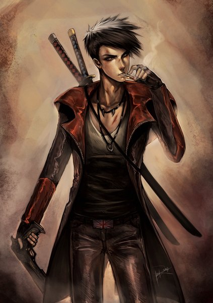 Anime picture 1200x1700 with devil may cry dante (devil may cry) ninjatic single tall image short hair black hair simple background white hair multicolored hair two-tone hair alternate hairstyle smoking boy gloves weapon sword fingerless gloves katana gun
