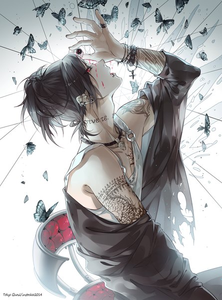 Anime picture 1113x1500 with tokyo ghoul studio pierrot uta (tokyo kushu) instockee single tall image fringe short hair open mouth black hair red eyes sitting holding profile tattoo piercing looking up casual black sclera lip piercing