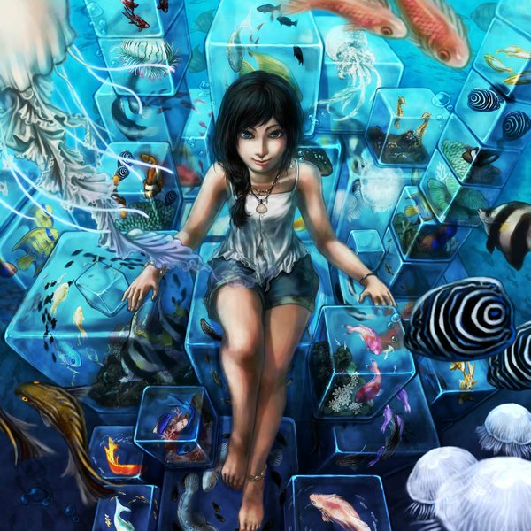 Anime picture 1481x1481 with original manako (artist) long hair blue eyes black hair smile bare shoulders braid (braids) barefoot girl water shorts pendant fish (fishes) jellyfish cube