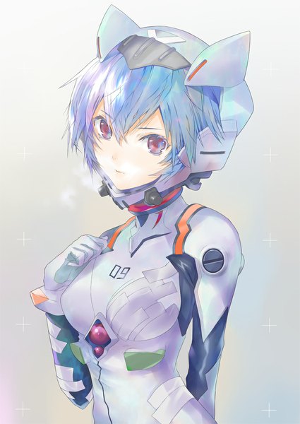 Anime picture 779x1100 with neon genesis evangelion gainax q-ha (artbook) ayanami rei fuyuno haruaki single tall image looking at viewer short hair open mouth red eyes blue hair sparkle hand on chest steam girl pilot suit