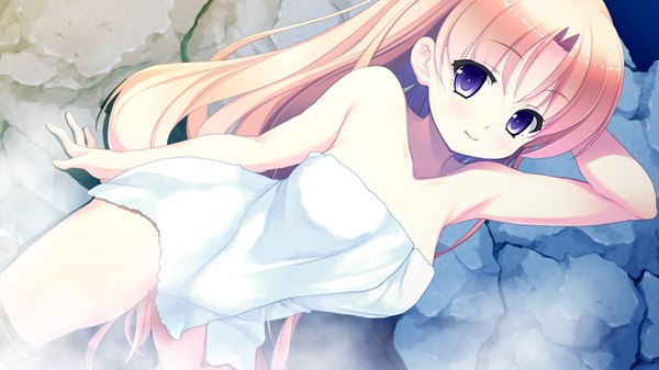 Anime picture 1280x720 with hyouka no mau sora ni yurika minazuki long hair light erotic blonde hair wide image purple eyes game cg steam naked towel girl towel