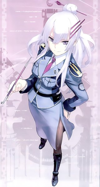 Anime picture 643x1200 with heavy object j.c. staff frolaytia capistrano nagi ryou single long hair tall image looking at viewer fringe breasts light erotic smile purple eyes holding silver hair from above hair bun (hair buns) hand on hip girl skirt