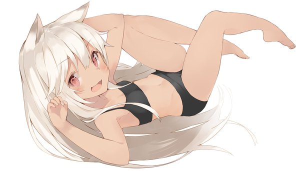 Anime picture 1500x857 with original kou mashiro single long hair looking at viewer blush fringe open mouth light erotic simple background wide image white background bare shoulders animal ears bent knee (knees) white hair pink eyes barefoot cat ears bare belly