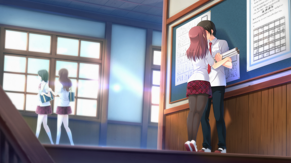 Anime picture 2560x1440 with kanojo step kano shiina long hair highres black hair brown hair wide image game cg couple kiss girl boy uniform school uniform pantyhose black pantyhose