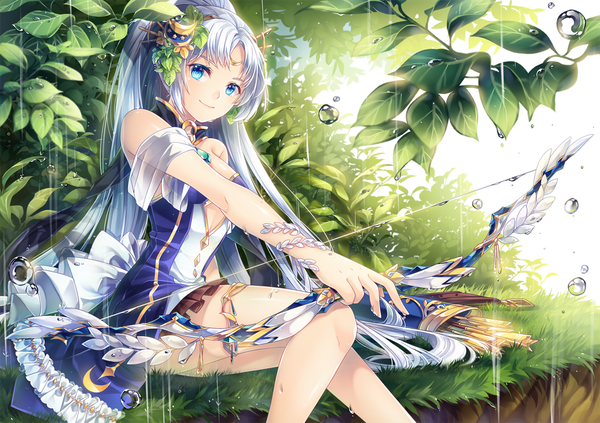 Anime picture 1340x945 with sid story diana (sid story) silverbin single long hair looking at viewer fringe breasts blue eyes smile wide image sitting bare shoulders payot silver hair bent knee (knees) ponytail wet shiny skin outstretched arm