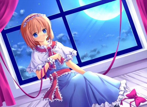 Anime picture 1200x872 with touhou alice margatroid aosora (artist) blush short hair blue eyes orange hair girl dress ribbon (ribbons) window hairband moon