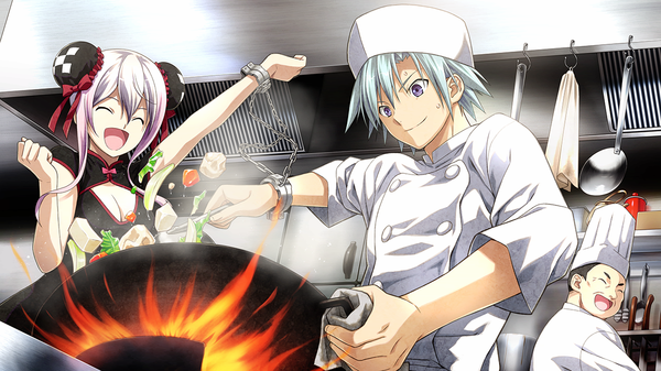 Anime picture 1280x720 with disorder 6 joe (disorder 6) shiina (disorder 6) long hair short hair open mouth wide image purple eyes game cg silver hair white hair eyes closed chinese clothes cooking chef girl boy uniform chain chinese dress