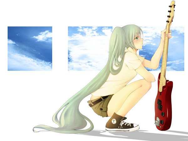 Anime picture 1024x768 with vocaloid hatsune miku single long hair green eyes cloud (clouds) profile green hair squat girl shorts musical instrument sneakers guitar