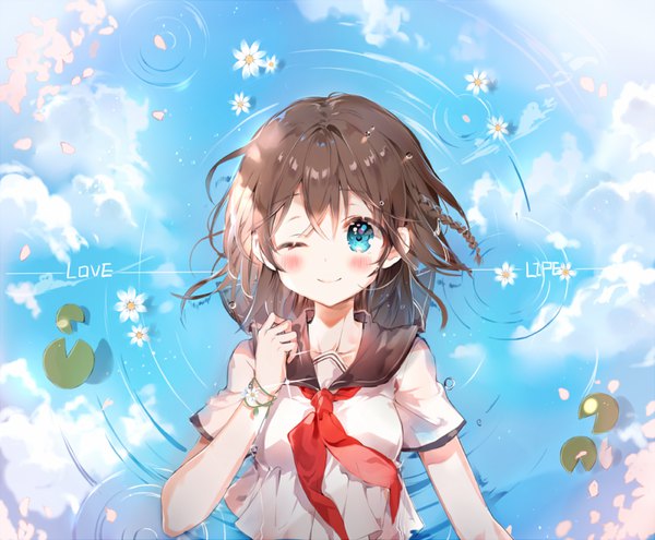 Anime picture 800x660 with original b rock single fringe short hair breasts blue eyes hair between eyes brown hair sky cloud (clouds) outdoors braid (braids) one eye closed wink sparkle reflection girl uniform flower (flowers)