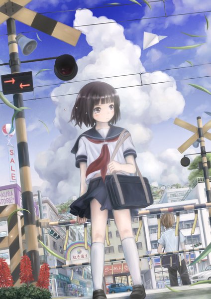 Anime picture 1191x1684 with original taka (tsmix) tall image blush black hair cloud (clouds) black eyes girl socks serafuku white socks school bag sailor suit traffic sign traffic lights