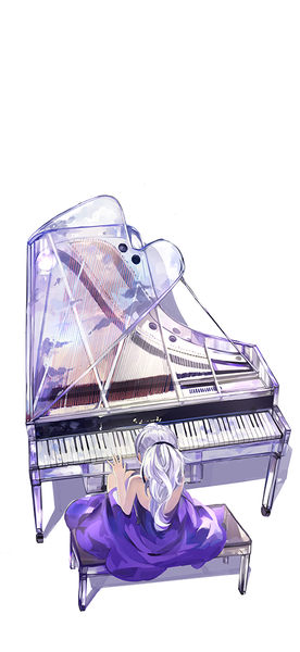 Anime picture 460x1000 with darker than black studio bones yin (darker than black) saberiii single long hair tall image simple background white background sitting bare shoulders silver hair ponytail from above transparent girl dress musical instrument purple dress piano