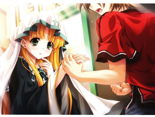Anime picture 4882x3702 with highschool dxd asia argento hyoudou issei miyama zero long hair blush fringe highres short hair breasts blonde hair brown hair green eyes absurdres parted lips embarrassed nun girl boy uniform