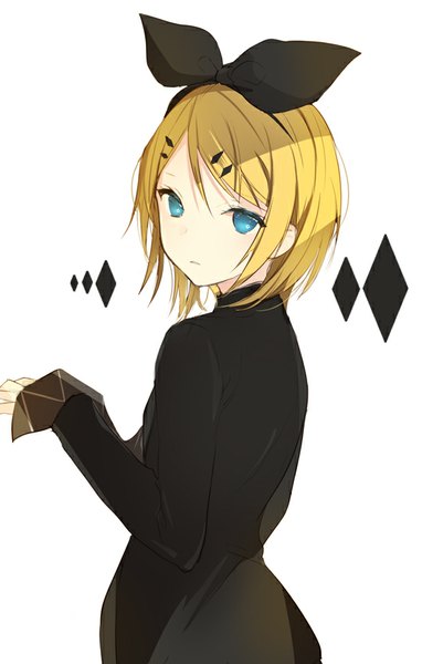Anime picture 550x863 with vocaloid kagamine rin lpip single tall image looking at viewer fringe short hair blue eyes simple background blonde hair white background looking back girl dress hair ornament hairband black dress bobby pin