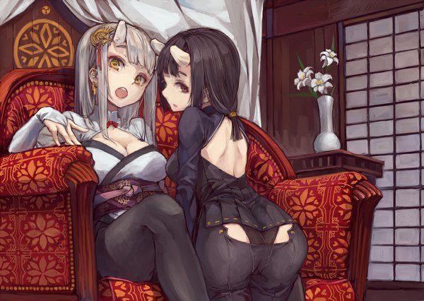 Anime picture 1000x711 with original suzuno (bookshelf) long hair looking at viewer breasts open mouth light erotic black hair multiple girls yellow eyes cleavage silver hair ass horn (horns) girl underwear panties flower (flowers) 2 girls armchair
