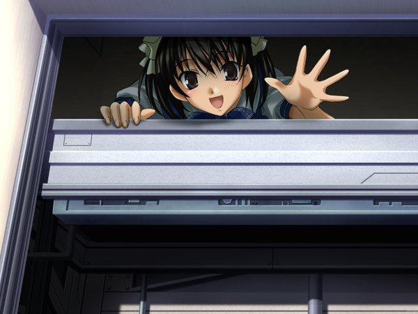 Anime picture 1280x960 with ever 17 matsunaga sara short hair open mouth black hair smile brown eyes game cg black eyes girl uniform school uniform elevator