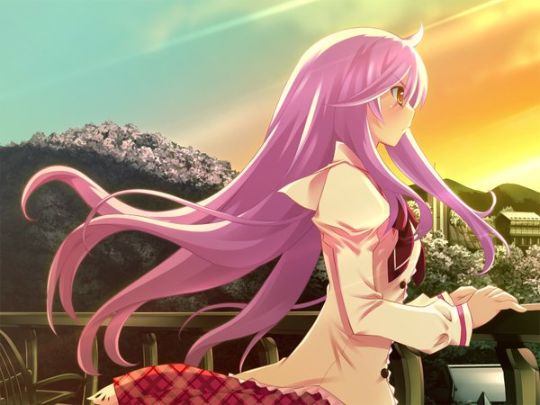 Anime picture 1600x1200 with hanafubuki miyano shion yellow eyes game cg purple hair evening sunset serafuku