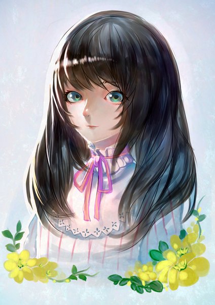 Anime picture 1414x2000 with original junp single long hair tall image fringe black hair simple background green eyes upper body portrait girl dress flower (flowers)