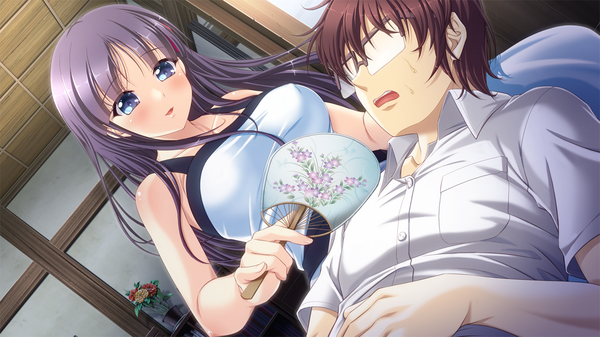 Anime picture 1280x720 with mitsutsubo long hair short hair blue eyes brown hair wide image game cg purple hair couple girl dress boy glasses sundress fan