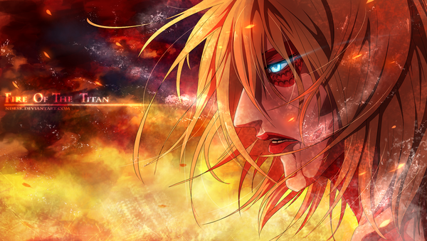 Anime picture 2300x1300 with shingeki no kyojin production i.g annie leonhart female titan nisesk single long hair highres blue eyes blonde hair wide image sky cloud (clouds) profile lips sunlight inscription evening sunset girl