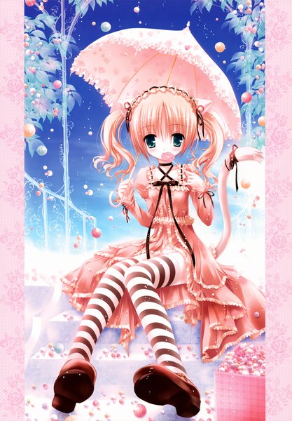 Anime picture 4871x7011 with original byakuya chakai (artbook) tinker bell single tall image highres short hair blue eyes blonde hair twintails absurdres sky short twintails girl thighhighs dress leaf (leaves) striped thighhighs