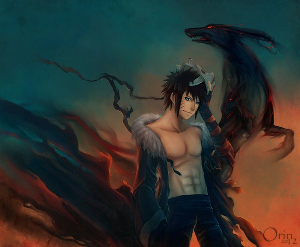 Anime picture 1072x881 with naruto studio pierrot naruto (series) orin single looking at viewer fringe short hair blue eyes black hair light smile alternate costume glowing muscle mask on head demon boy mask fox