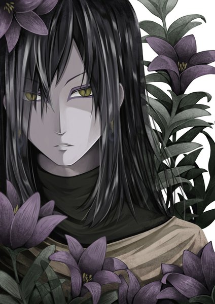 Anime picture 1300x1839 with naruto studio pierrot naruto (series) orochimaru long hair tall image looking at viewer open mouth black hair yellow eyes boy flower (flowers) plant (plants) earrings