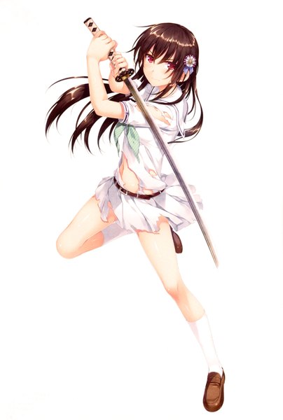 Anime picture 4691x6959 with boku no hitori sensou akabei soft2 inuzuka rumi alpha (yukai na nakamatachi) single long hair tall image looking at viewer blush fringe highres light erotic simple background red eyes brown hair standing white background absurdres bent knee (knees) pleated skirt