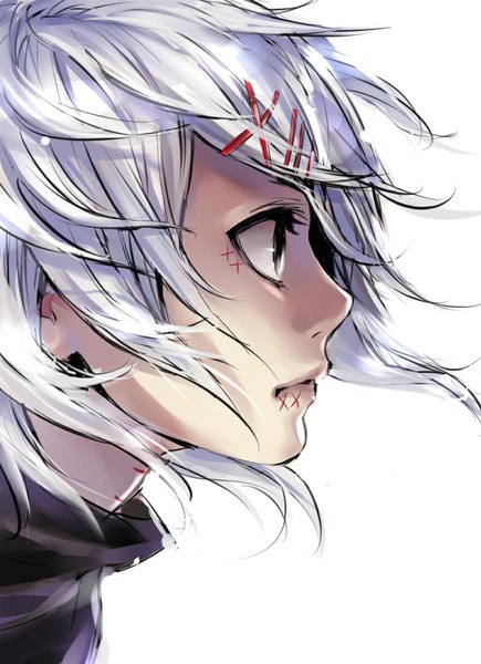 Anime picture 790x1090 with tokyo ghoul studio pierrot suzuya juuzou shiromi (ringo) single tall image fringe short hair simple background white background looking away silver hair profile black eyes portrait boy hair ornament hairclip