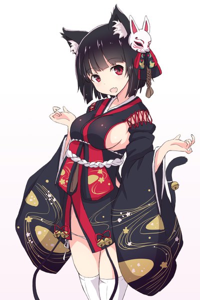 Anime picture 800x1200 with azur lane yamashiro (azur lane) mel (melty pot) single tall image looking at viewer fringe highres short hair breasts open mouth light erotic black hair simple background smile red eyes large breasts white background animal ears tail