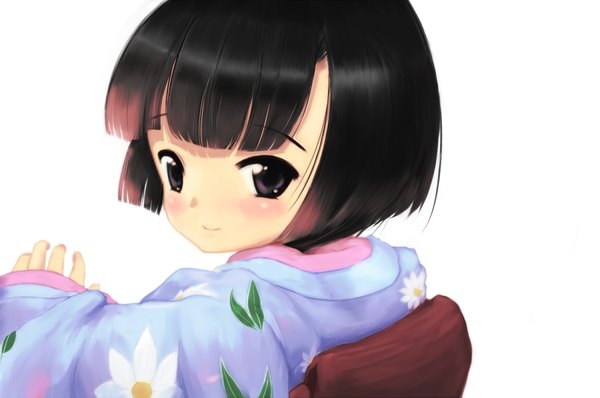 Anime picture 1800x1195 with ikoku meiro no croisee satelight yune (ikoku meiro no croisee) blush highres short hair black hair smile japanese clothes looking back black eyes loli girl kimono