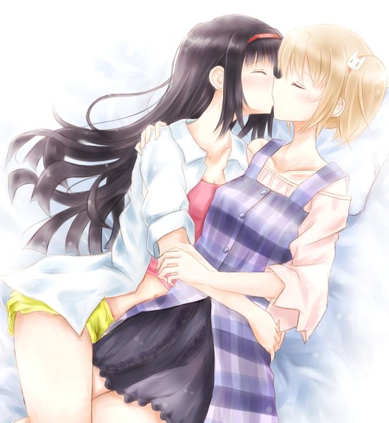 Anime picture 1000x1089 with hakuisei ren'ai shoukougun sakai sayuri sawai kaori kiyonaka rei (artist) long hair tall image short hair black hair blonde hair multiple girls eyes closed shoujo ai kiss girl dress 2 girls