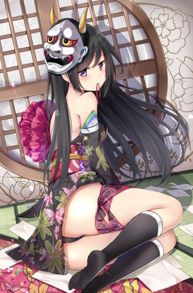 Anime picture 1477x2235 with original karumayu single long hair tall image looking at viewer blush light erotic black hair purple eyes holding traditional clothes japanese clothes pantyshot mouth hold animal print mask on head butterfly print girl underwear