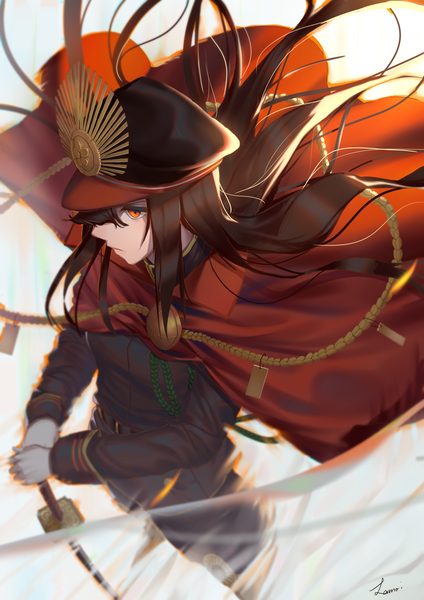 Anime picture 1000x1415 with fate (series) fate/grand order koha-ace oda nobunaga (fate) (all) oda nobunaga (fate) lanzi (415460661) single long hair tall image fringe open mouth black hair simple background hair between eyes red eyes standing signed looking away long sleeves profile