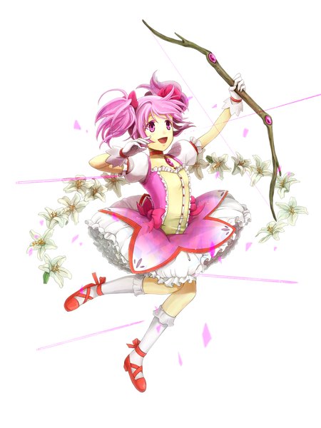 Anime picture 1200x1600 with mahou shoujo madoka magica shaft (studio) kaname madoka krste single tall image fringe short hair open mouth simple background smile white background twintails holding looking away pink hair full body bent knee (knees) pink eyes puffy sleeves