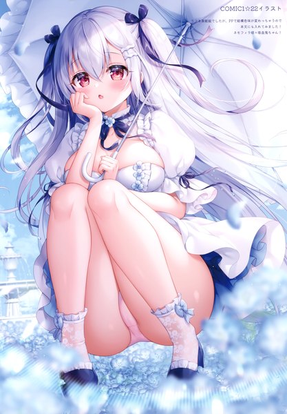 Anime picture 2419x3482 with original mitsuba choco single long hair tall image looking at viewer blush fringe highres breasts open mouth light erotic red eyes large breasts holding silver hair full body bent knee (knees) wind blurry